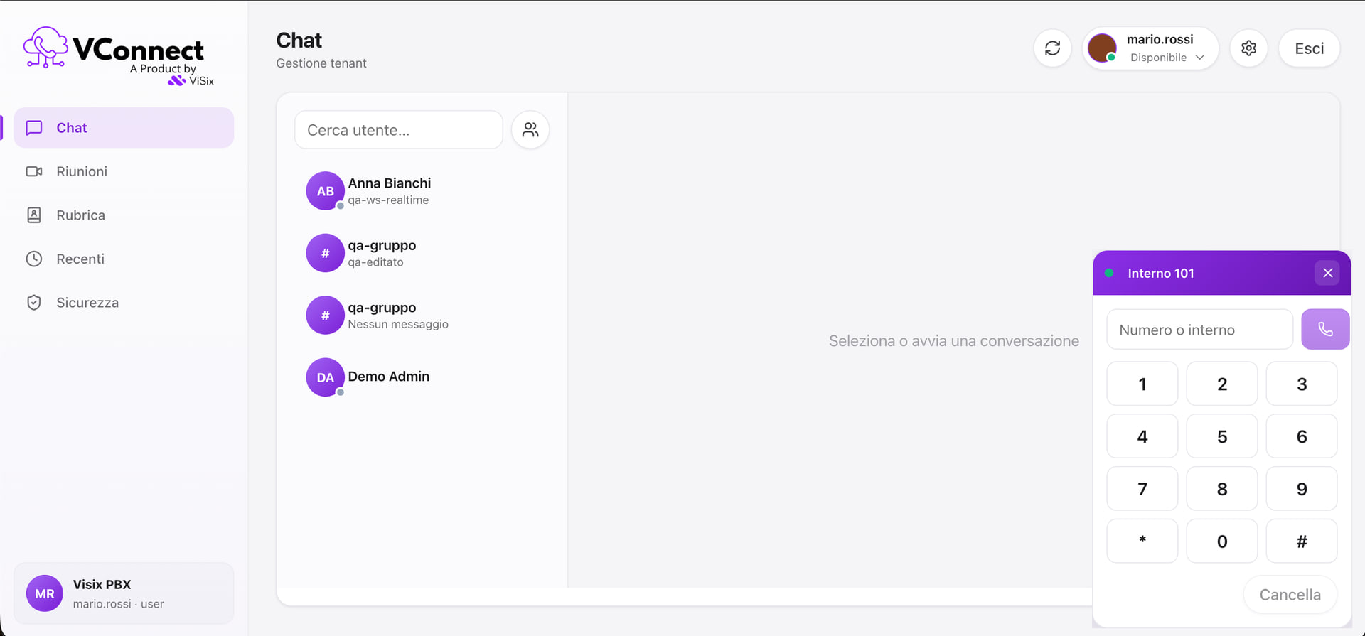 Schermata di VConnect da computer: elenco delle conversazioni, stato dell'utente e tastierino per comporre un interno.