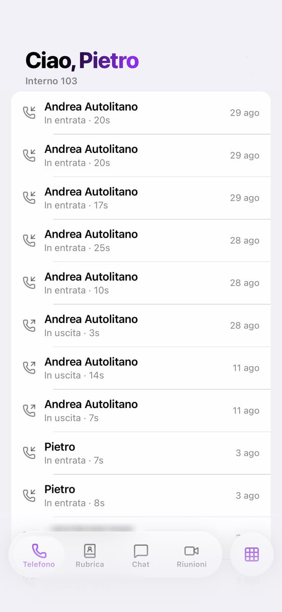 VConnect sullo smartphone: registro delle chiamate in entrata e in uscita dell'interno aziendale.